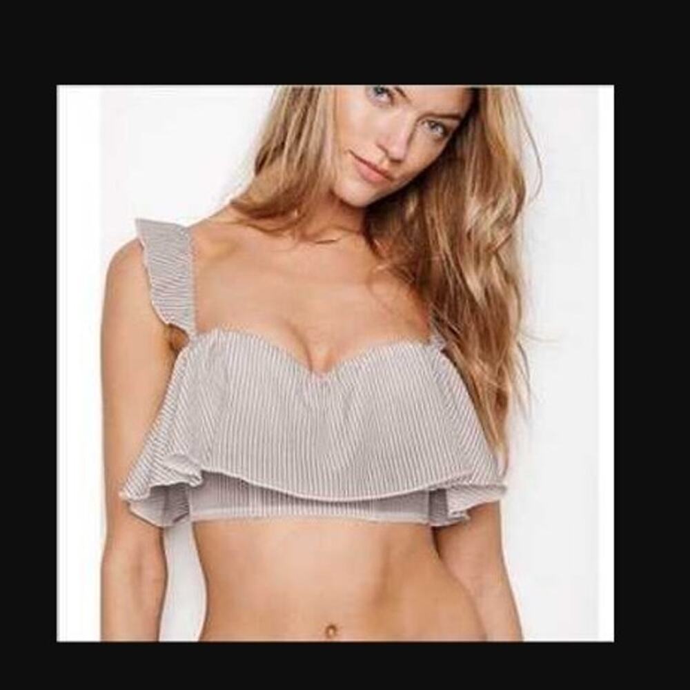 Victoria’s Secret Bustier Striped Ruffle Crop Top White Blue Size 34DDD